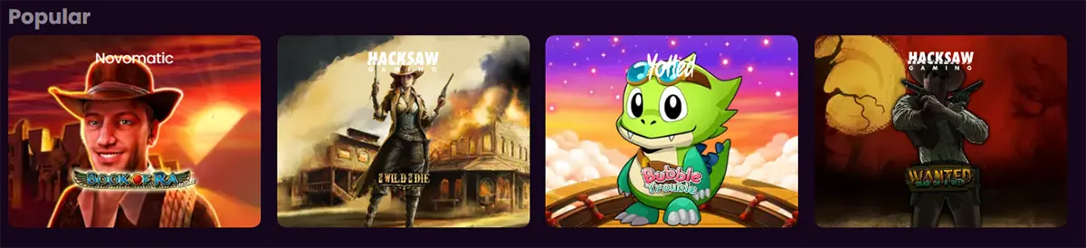 Popular games carousel on a purple background showing four slot thumbnails: Book of Ra Deluxe (Novomatic) with a smiling explorer in a hat at sunset, Wild Die (Hacksaw Gaming) with a gunslinger in front of a burning Western town, Bubble Trouble (VoltEnt) with a cute green cartoon dragon on a colorful stage, and Wanted Dead or a Wild (Hacksaw Gaming) featuring a masked outlaw against a yellow-orange backdrop.