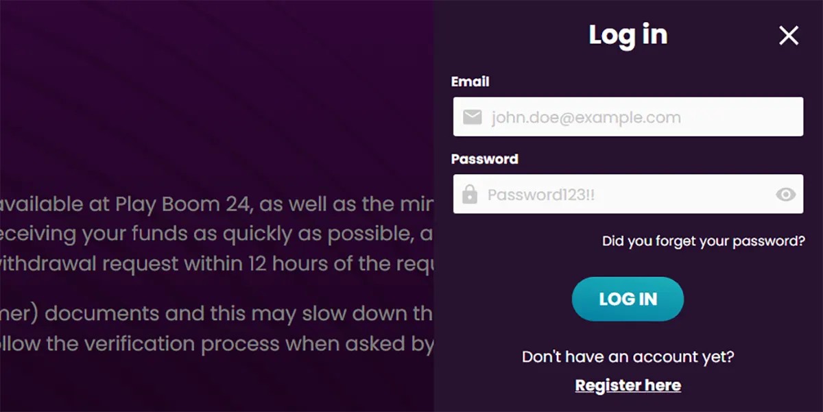 Purple split-screen “Log in” modal with email and password input fields (with eye icon), a “Did you forget your password?” link, a teal “LOG IN” button, and a “Register here” link beneath a dark gradient background with blurred text.