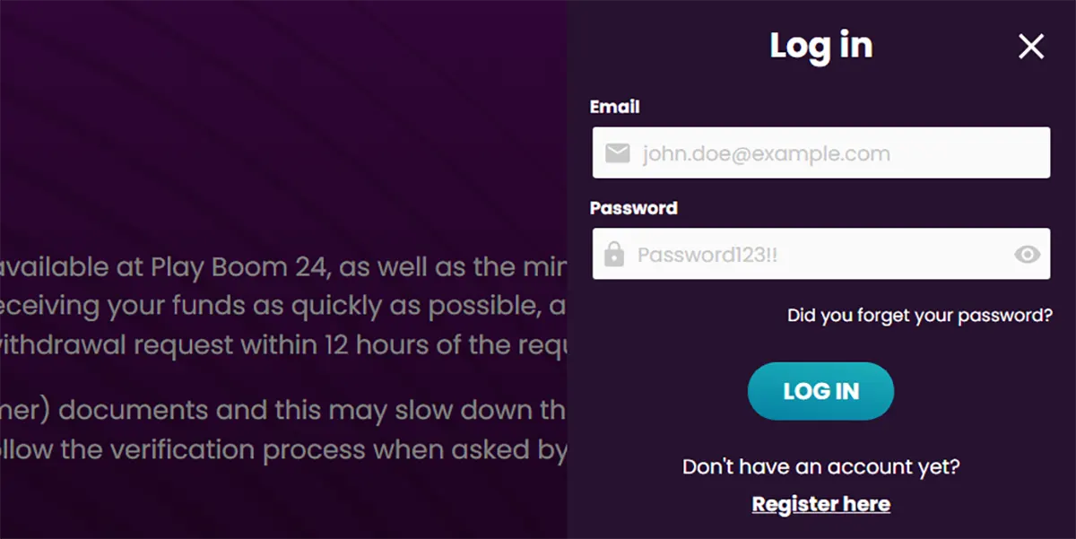 Purple split-screen “Log in” modal with email and password input fields (with eye icon), a “Did you forget your password?” link, a teal “LOG IN” button, and a “Register here” link beneath a dark gradient background with blurred text.